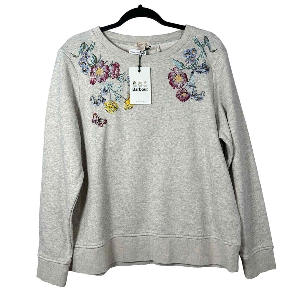 NWT Barbour 10 Esme Overlayer Sweatshirt Grey Long Sleeve Floral Embroidered